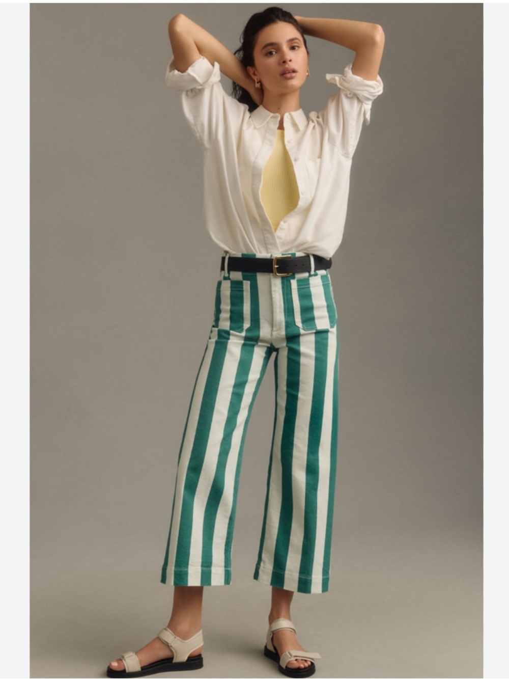Anthropologie Maeve Pants Colette Cropped Wide Leg in Green Striped